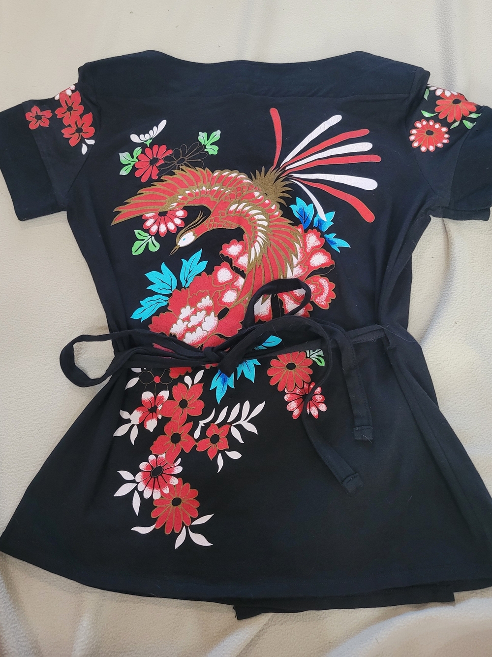 Womens Black Floral & Phoenix Print Belted Shirt